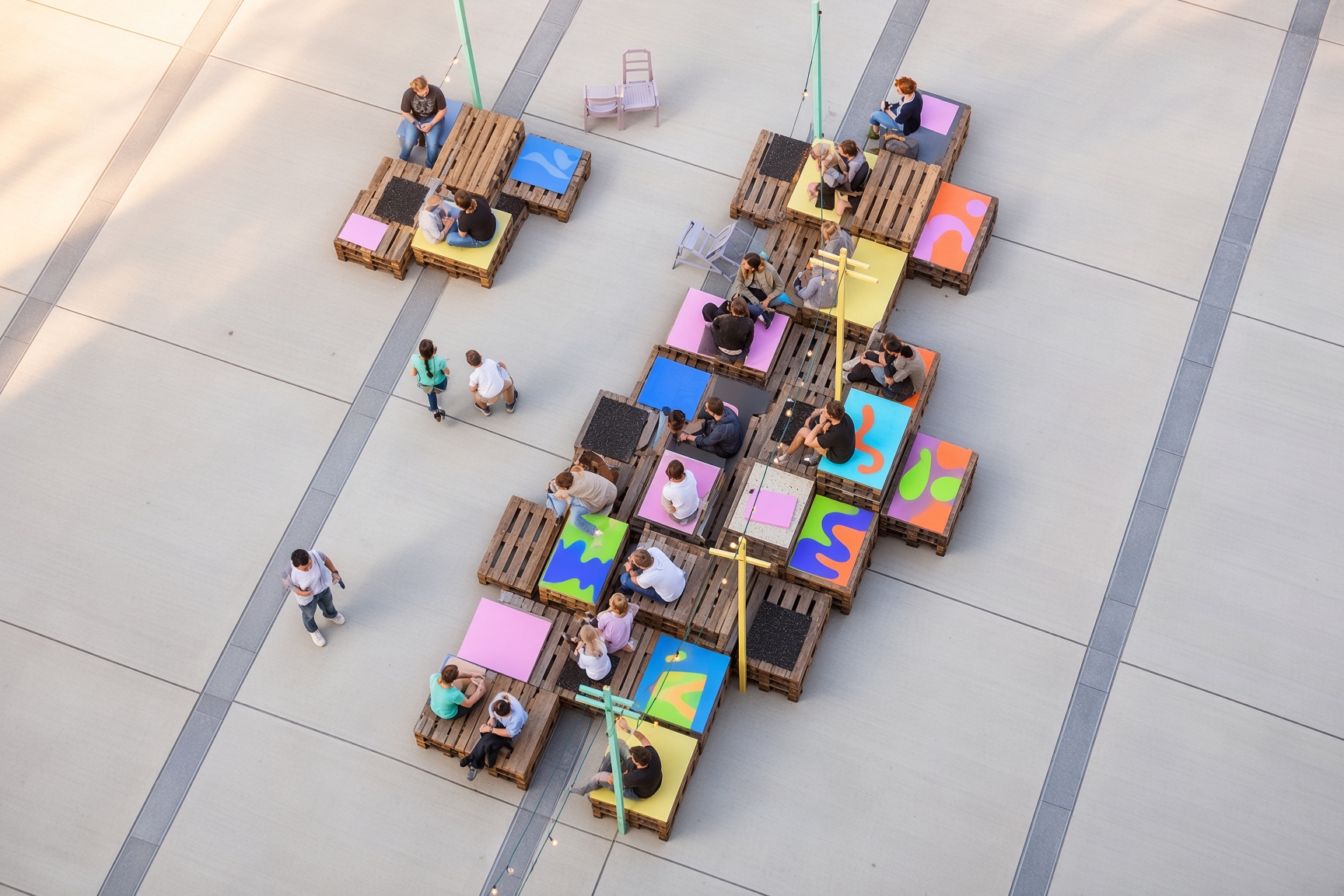Espacio comunitario al aire libre con asientos de palets